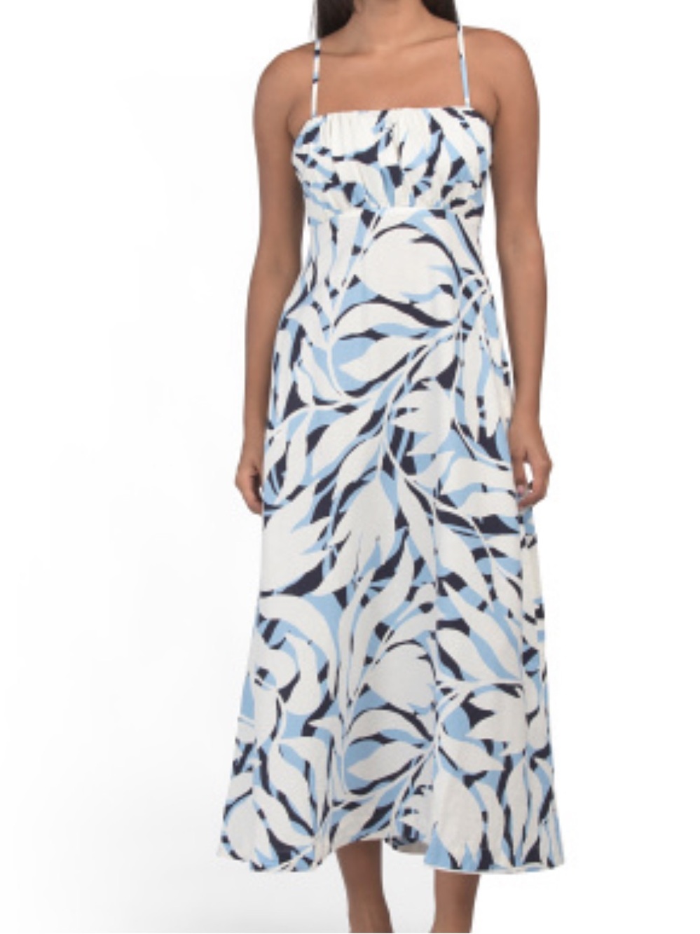 Nicole Miller Blue and White Leaf-Print Spaghetti Strap Maxi Dress